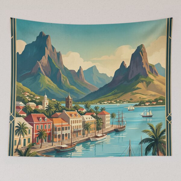 Item preview, Port Louis Mauritius Vintage Travel Art – Tropical Harbour & Mountain Waterfront designed and sold by Bomax121.