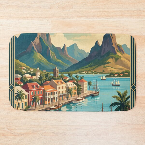 Item preview, Port Louis Mauritius Vintage Travel Art – Tropical Harbour & Mountain Waterfront designed and sold by Bomax121.