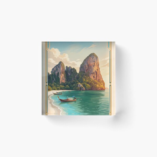 Item preview, Krabi Thailand Vintage Travel Art – Railay Beach & Limestone Cliffs designed and sold by Bomax121.