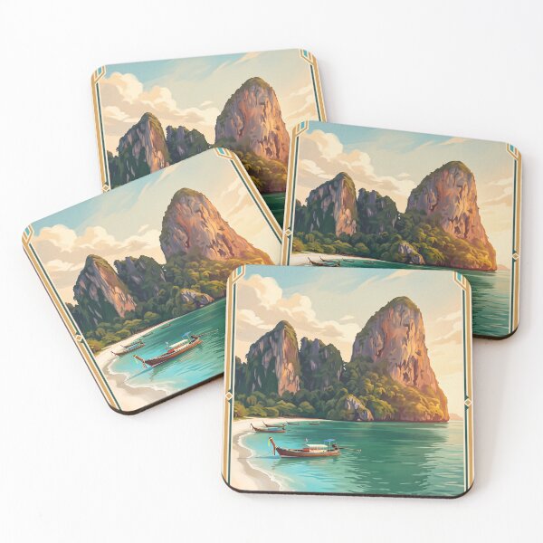 Item preview, Krabi Thailand Vintage Travel Art – Railay Beach & Limestone Cliffs designed and sold by Bomax121.