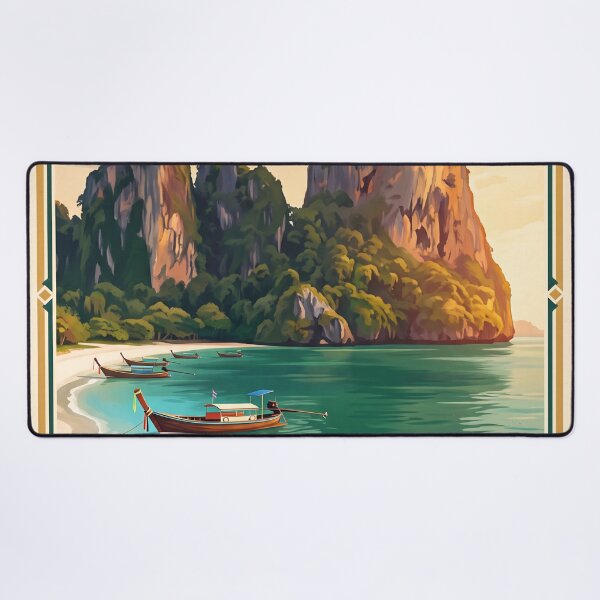 Item preview, Krabi Thailand Vintage Travel Art – Railay Beach & Limestone Cliffs designed and sold by Bomax121.