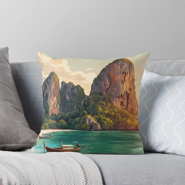 Item preview, Krabi Thailand Vintage Travel Art – Railay Beach & Limestone Cliffs designed and sold by Bomax121.