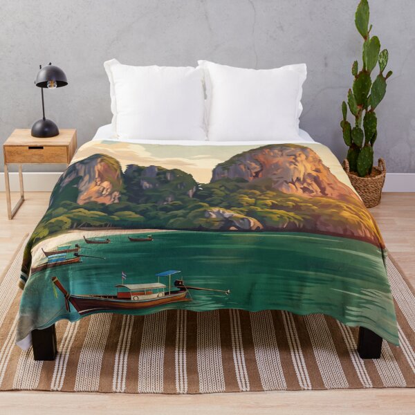 Item preview, Krabi Thailand Vintage Travel Art – Railay Beach & Limestone Cliffs designed and sold by Bomax121.
