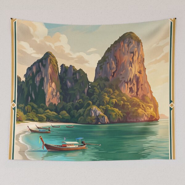 Item preview, Krabi Thailand Vintage Travel Art – Railay Beach & Limestone Cliffs designed and sold by Bomax121.