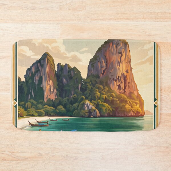Item preview, Krabi Thailand Vintage Travel Art – Railay Beach & Limestone Cliffs designed and sold by Bomax121.