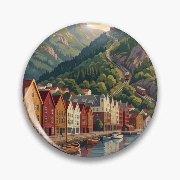 Item preview, Bergen Norway Vintage Travel Art – Bryggen Wharf & Fløibanen designed and sold by Bomax121.