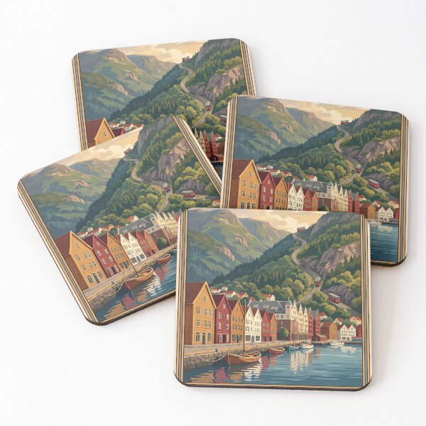 Item preview, Bergen Norway Vintage Travel Art – Bryggen Wharf & Fløibanen designed and sold by Bomax121.