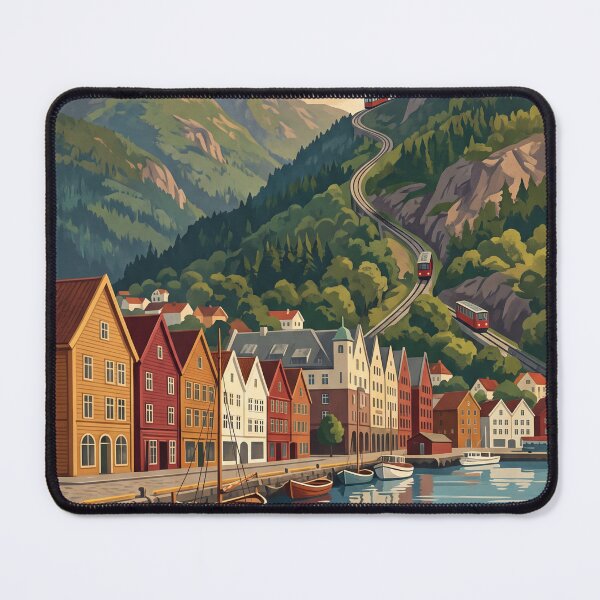 Item preview, Bergen Norway Vintage Travel Art – Bryggen Wharf & Fløibanen designed and sold by Bomax121.