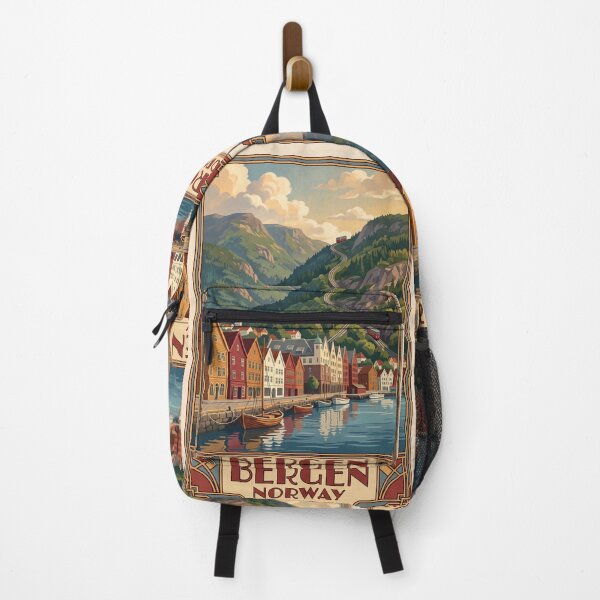 Item preview, Bergen Norway Vintage Travel Art – Bryggen Wharf & Fløibanen designed and sold by Bomax121.