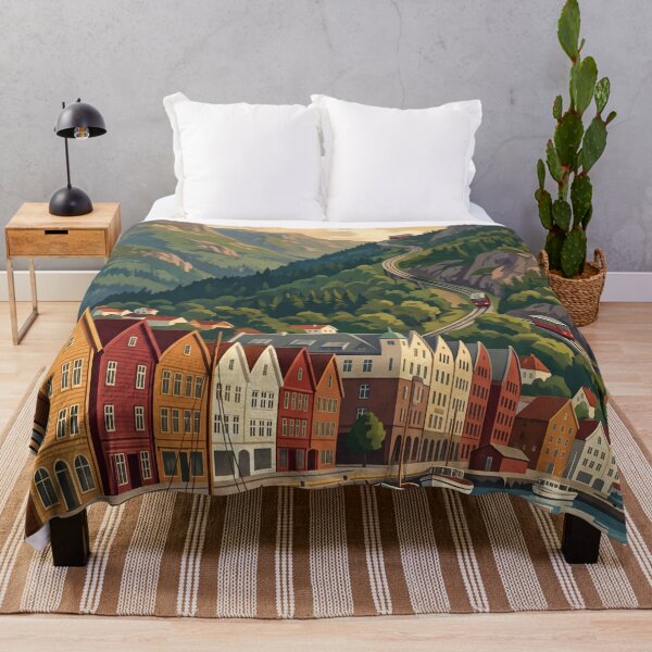 Item preview, Bergen Norway Vintage Travel Art – Bryggen Wharf & Fløibanen designed and sold by Bomax121.