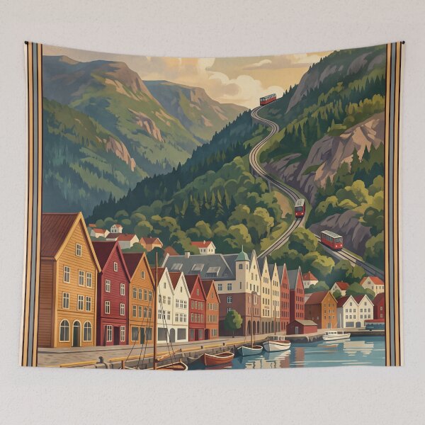 Item preview, Bergen Norway Vintage Travel Art – Bryggen Wharf & Fløibanen designed and sold by Bomax121.