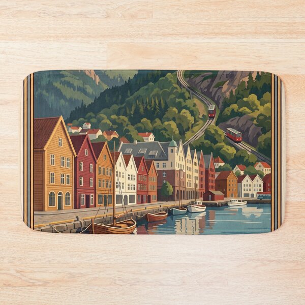 Item preview, Bergen Norway Vintage Travel Art – Bryggen Wharf & Fløibanen designed and sold by Bomax121.