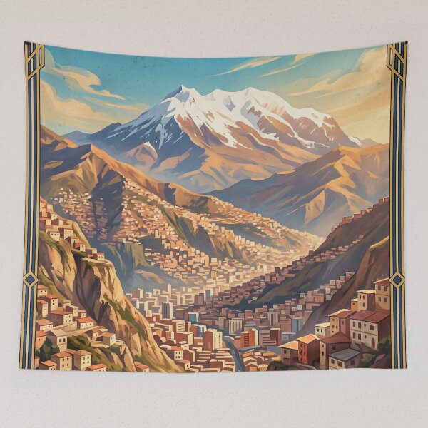 Item preview, La Paz Bolivia Vintage Travel Art – Mount Illimani & Andean Cityscape designed and sold by Bomax121.