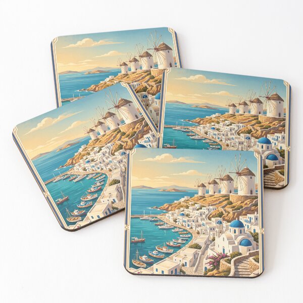Item preview, Mykonos Greece Vintage Travel Art – Windmills, Little Venice & Aegean Coast designed and sold by Bomax121.