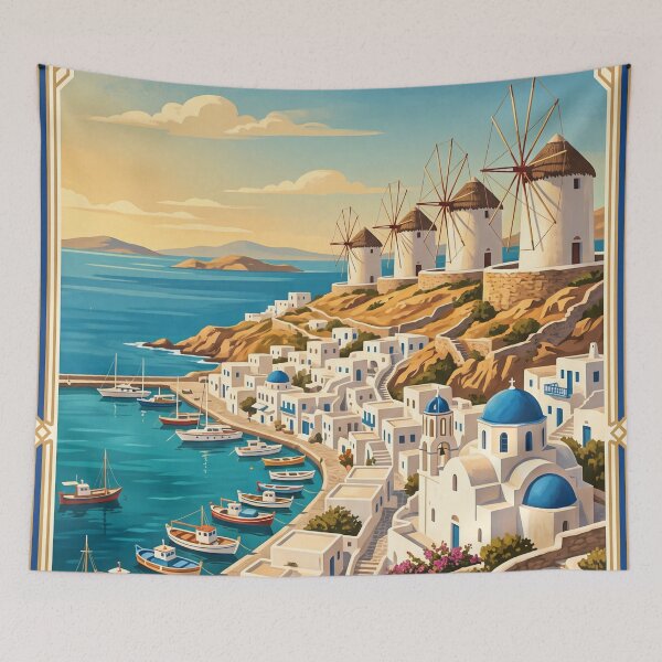 Item preview, Mykonos Greece Vintage Travel Art – Windmills, Little Venice & Aegean Coast designed and sold by Bomax121.