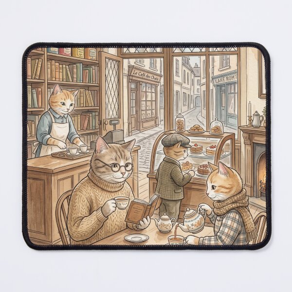 Item preview, Watercolor style illustration of a cozy cat café in Paris designed and sold by TheCoolCatsMx.