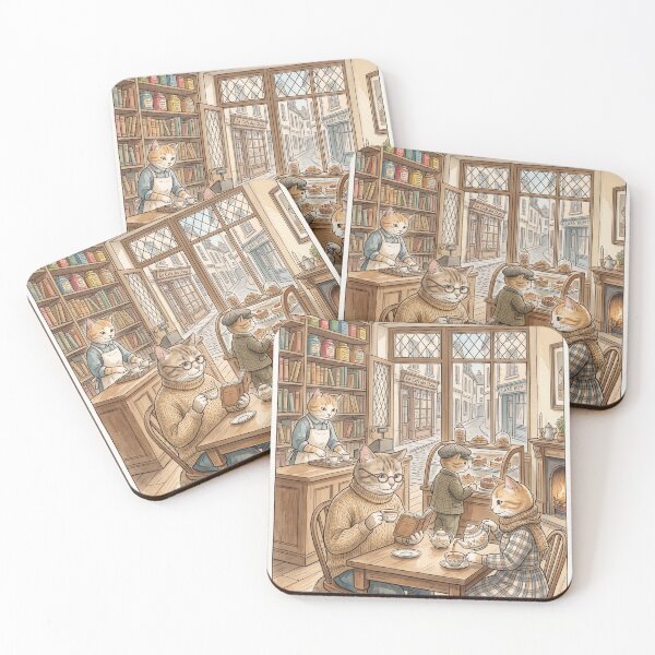 Item preview, Watercolor style illustration of a cozy cat café in Paris designed and sold by TheCoolCatsMx.