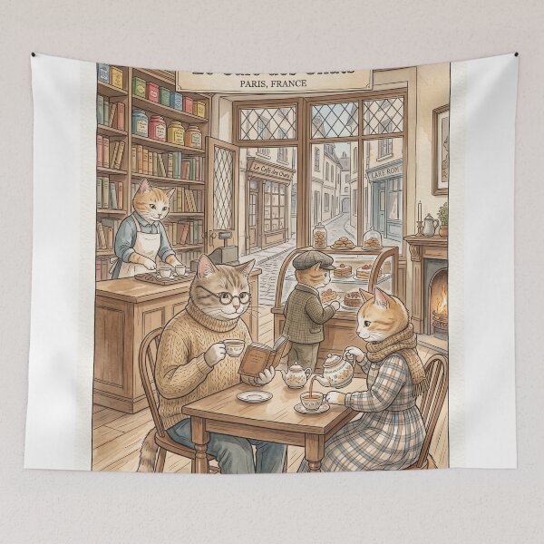 Item preview, Watercolor style illustration of a cozy cat café in Paris designed and sold by TheCoolCatsMx.