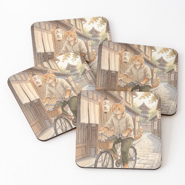 Item preview, Cat on bicycle in traditional Japanese alleyway watercolor cozy designed and sold by TheCoolCatsMx.