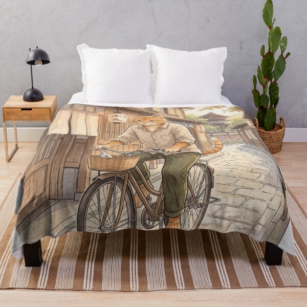 Item preview, Cat on bicycle in traditional Japanese alleyway watercolor cozy designed and sold by TheCoolCatsMx.