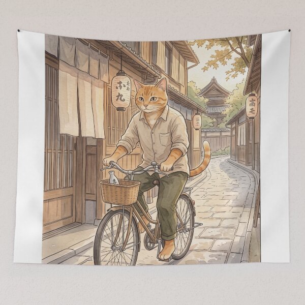 Item preview, Cat on bicycle in traditional Japanese alleyway watercolor cozy designed and sold by TheCoolCatsMx.