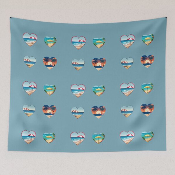 Item preview, Vintage Tropical Beach Love Hearts with Striped Beach Umbrella designed and sold by Beachy.
