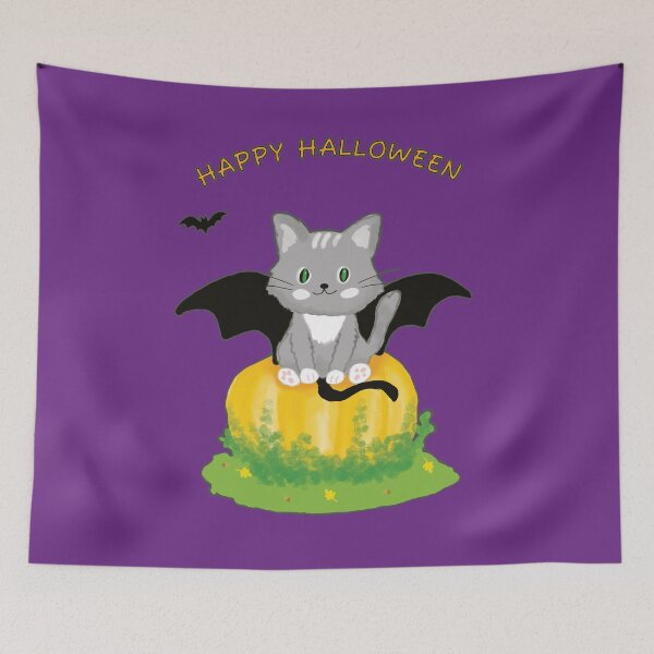 Item preview, Cute Cat with Bat Wings  Sitting on a Pumpkin - Happy Halloween designed and sold by studiodrchicken.