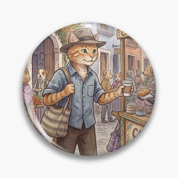 Item preview, Cat strolling in colonial town buying coffee and bread watercolor designed and sold by TheCoolCatsMx.