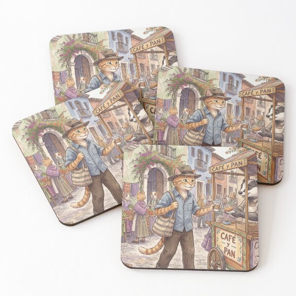 Item preview, Cat strolling in colonial town buying coffee and bread watercolor designed and sold by TheCoolCatsMx.