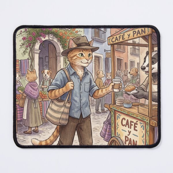 Item preview, Cat strolling in colonial town buying coffee and bread watercolor designed and sold by TheCoolCatsMx.