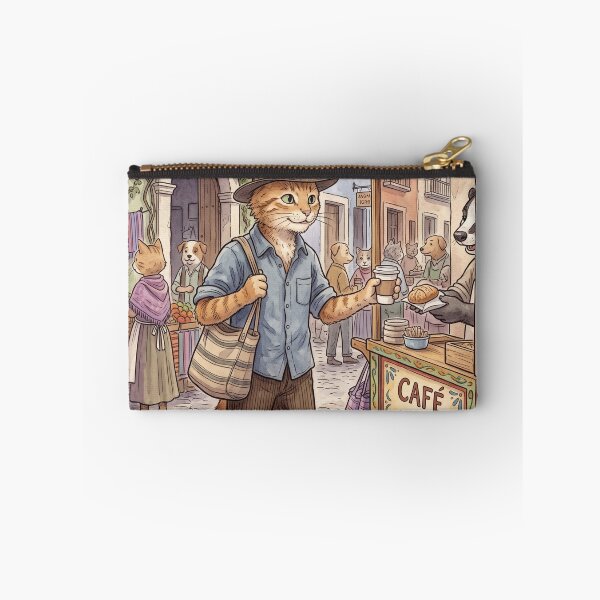 Item preview, Cat strolling in colonial town buying coffee and bread watercolor designed and sold by TheCoolCatsMx.