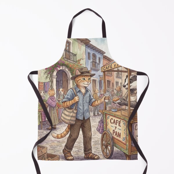 Item preview, Cat strolling in colonial town buying coffee and bread watercolor designed and sold by TheCoolCatsMx.