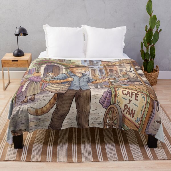 Item preview, Cat strolling in colonial town buying coffee and bread watercolor designed and sold by TheCoolCatsMx.