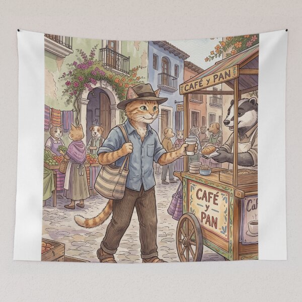 Item preview, Cat strolling in colonial town buying coffee and bread watercolor designed and sold by TheCoolCatsMx.