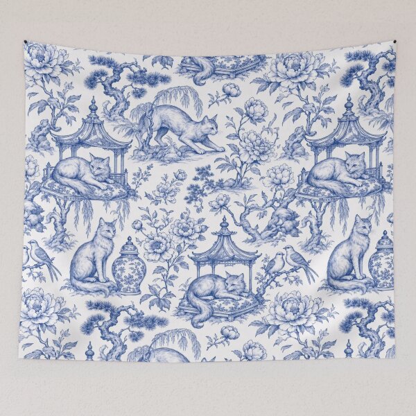 Item preview, Chinoiserie Christmas Cat Seamless Pattern | Blue and White Porcelain Cat Toile designed and sold by StickyGuys.