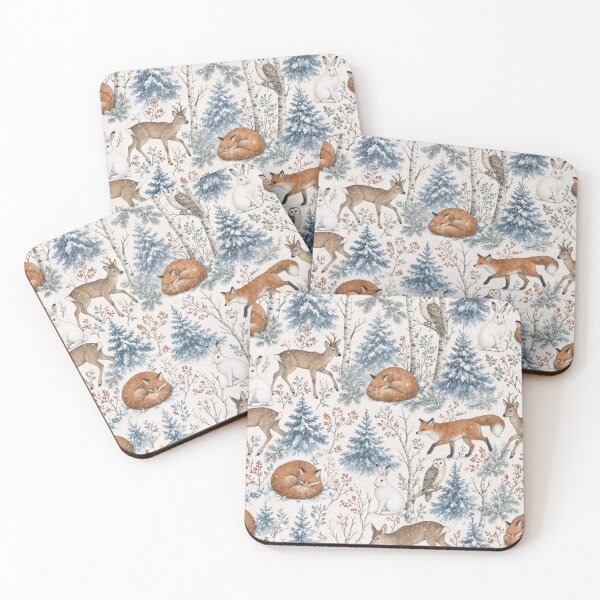 Item preview, Snowy Woodland Animals with Foxes Hares and Owls Among Frosted Pines designed and sold by StickyGuys.