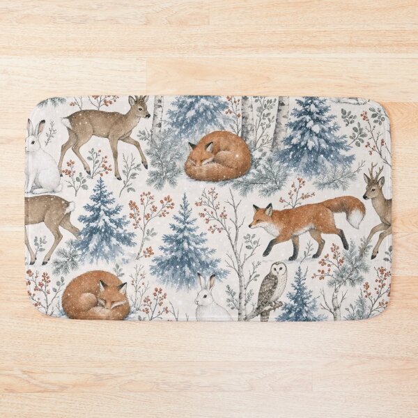 Item preview, Snowy Woodland Animals with Foxes Hares and Owls Among Frosted Pines designed and sold by StickyGuys.