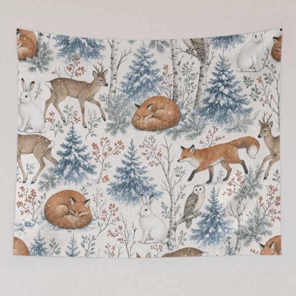 Item preview, Snowy Woodland Animals with Foxes Hares and Owls Among Frosted Pines designed and sold by StickyGuys.