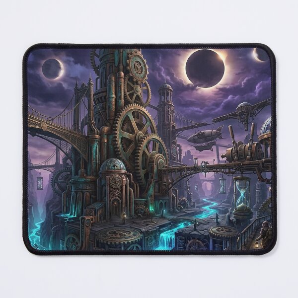 Item preview, Steampunk Clockwork City — Gear Metropolis Under a Triple Eclipse | Fantasy Sci-Fi Art designed and sold by RoyArt0.