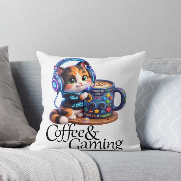 Item preview, Gamer Mode Fuel - Cute Gaming Chibi Kitten with Coffee designed and sold by pickzone.