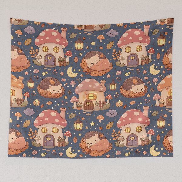 Item preview, Kawaii Pastel Autumn Mushroom Village Night Pattern designed and sold by Thai Vibe Studio.