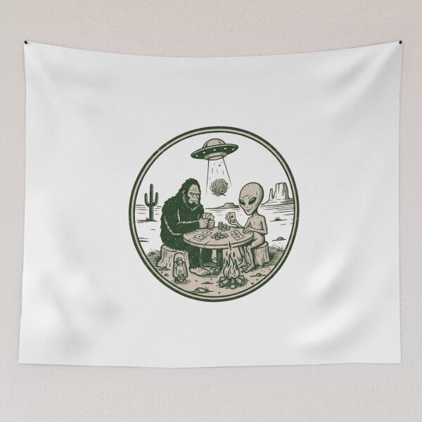 Item preview, Bigfoot & Alien Playing Poker Under a UFO – Retro Desert Campfire Cryptid  designed and sold by Gbriel3.