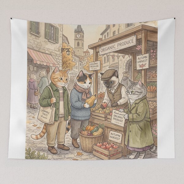 Item preview, Cats at autumn harvest market organic produce watercolor designed and sold by TheCoolCatsMx.
