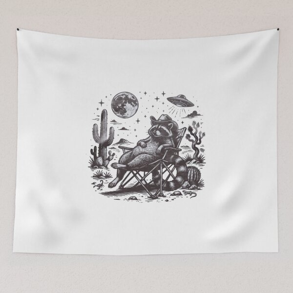 Item preview, Retro Cowboy Raccoon Relaxing Under UFO – Funny Desert Night  designed and sold by Gbriel3.