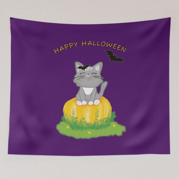 Item preview, Cute Halloween Cat with Bats, Sitting on a Pumpkin designed and sold by studiodrchicken.
