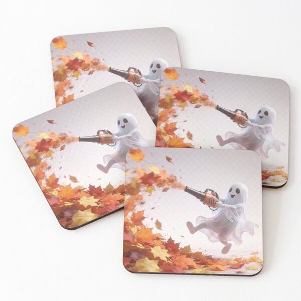 Item preview, Cute Ghost Blowing Autumn Leaves with Leaf Blower Halloween Cartoon designed and sold by OksArtStudio.