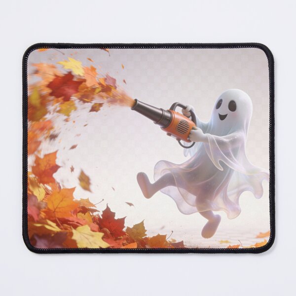 Item preview, Cute Ghost Blowing Autumn Leaves with Leaf Blower Halloween Cartoon designed and sold by OksArtStudio.