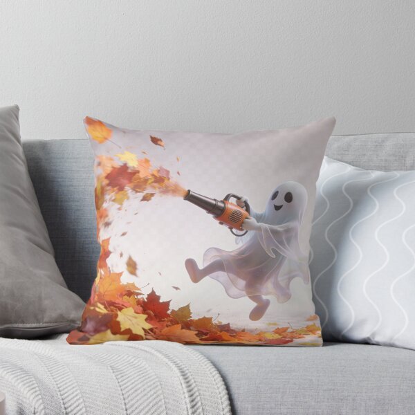 Item preview, Cute Ghost Blowing Autumn Leaves with Leaf Blower Halloween Cartoon designed and sold by OksArtStudio.