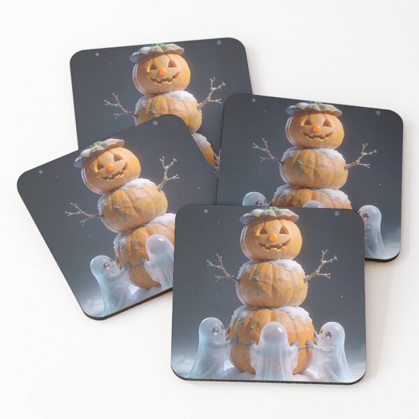 Item preview, Cute Ghosts Building a Pumpkin Snowman Halloween Winter Cartoon designed and sold by OksArtStudio.