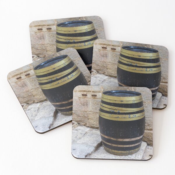 Item preview, Rustic Wooden Barrel Against Weathered Stone Wall On Old Cobblestone Street designed and sold by Nmallia.